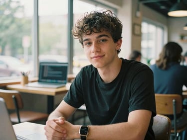 Candid portrait of a young male software developer in a cozy campus cafe, soft window light, natural expression, 35mm film aesthetic.