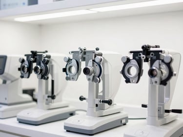 bright commercial photography, clean interior lighting, high contrast. Close-up of clean optometry equipment in a bright clinic