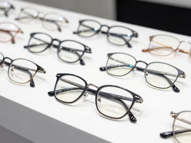 bright commercial photography, clean interior lighting, high contrast. Crisp close-up of modern eyewear frames on a clean white display