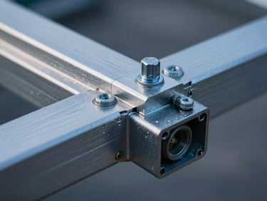 Macro close-up of a structural glazing node and aluminum extrusion joint, cool twilight lighting, sharp focus on hardware and tension bolts.
