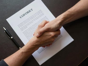 Overhead shot of two hands meeting in a firm handshake over a contract document on a dark desk, pen resting beside the paper, sharp studio strobe from above, no faces visible