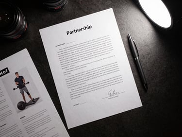 Overhead flat-lay of a signed partnership agreement on a dark table, pen resting beside it, fitness equipment product sheet partially visible at the edge, studio strobe lighting, no hands in frame, documentary editorial framing