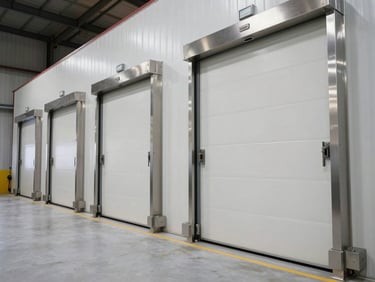 Wide-angle shot of a massive industrial cold storage chamber with heavy insulated doors and stainless steel fittings, clean and precise.