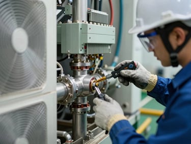 Macro shot of a technician in full safety gear working on complex industrial HVAC and electrical piping, sharp focus on structural joints and tools.