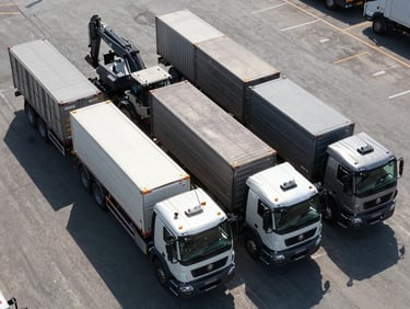 High-angle drone shot of a fleet of heavy machinery and construction trucks lined up in a logistics yard, bright midday sun reflecting off polished metallic surfaces.