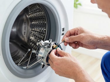 Close-up of a technician's hands carefully repairing an LG direct drive washing machine motor, clean tools laid out, bright utility light, blue and white tones.
