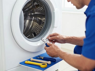 Close-up of a skilled technician's hands diagnosing an IFB front-load washing machine, tools neatly arranged on a mat, bright indoor lighting, clean blue and white tones.