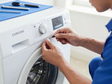Close-up of a technician's hands diagnosing a Samsung washing machine control panel, clean tools on a mat, bright indoor lighting, crisp focus.