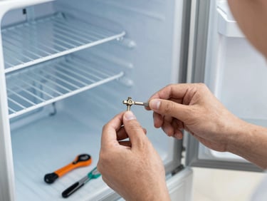 Close-up macro shot of a technician's hands diagnosing a Whirlpool Protton refrigerator's cooling unit, clean tools on a mat, bright utility lighting, crisp focus.