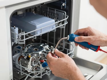 Macro shot of a technician's hands replacing a part inside a Bosch dishwasher, focus on the intricate mechanics, utility torchlight.