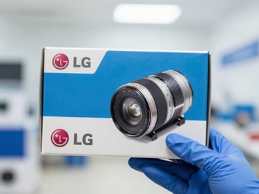 A genuine LG spare part in its original packaging, held by a technician's gloved hand, sharp focus, clean blue and white tones.