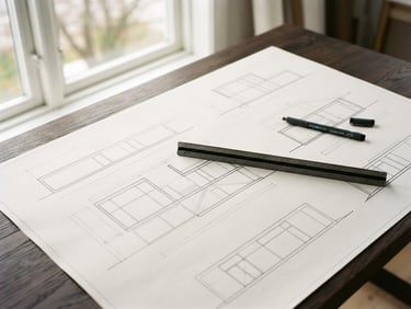 Minimalist architectural blueprint laid out on a dark oak desk, architectural ruler and fine-liner pen, soft natural daylight from a side window, high-contrast, 35mm lens