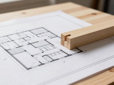 Close-up of clean architectural drawings on a wooden table next to a precise carpentry joint, soft natural light, professional construction planning.