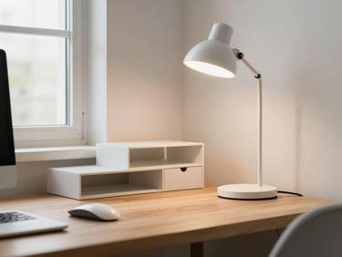 Aesthetic home office corner with a small LED desk lamp and minimalist organizer on a light wood desk, bright natural window light from the side