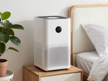 Compact air purifier on a bedroom nightstand next to a plant, clean bright interior light, product front-facing and sharp
