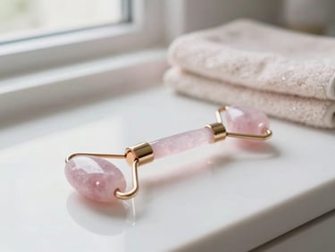Close-up of a rose quartz facial roller resting on a clean white bathroom counter, bright natural window light, pastel towel softly blurred in background