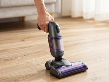 Cordless handheld vacuum cleaner held in a person's hand over a wooden floor, bright natural indoor light, device in sharp focus