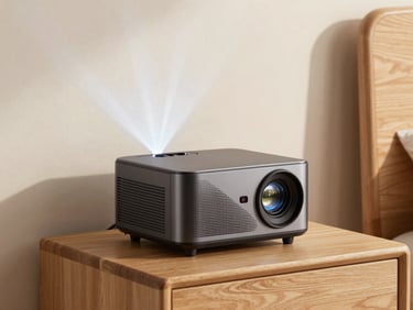 Mini portable projector sitting on a nightstand projecting onto a white wall, warm ambient bedroom light, device clearly in focus