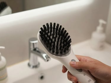 Electric scalp massager in someone's hand with bristles visible, bathroom vanity background, bright overhead light