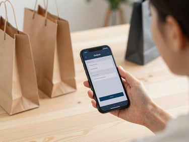 Lifestyle shot of a woman holding a phone showing an online checkout screen, shopping bags nearby on a light wood table, bright natural daylight