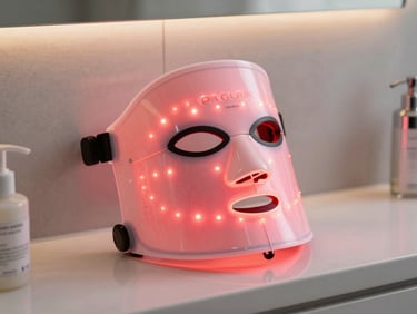 LED light therapy face mask on a bathroom shelf, glowing in soft pink and red tones, bright even product photography lighting