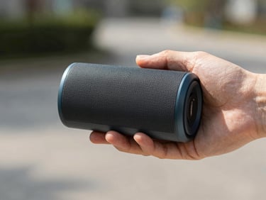 Person holding a compact wireless Bluetooth speaker in one hand outdoors on a sunny day, product details sharp and color-accurate