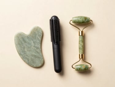 Flat-lay of beauty gadgets — a gua sha stone, a mini hair straightener, and a jade roller arranged on a warm cream surface, bright diffused studio light