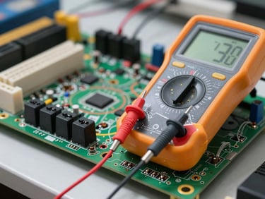 Close-up of a TV mainboard with diagnostic multimeter probes touching solder points, bright workshop lighting, organized wiring visible in background