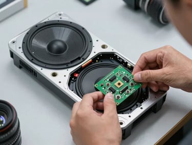 Overhead close-up of TV speaker assembly removed from chassis, technician hands holding audio board, bright clinical studio lighting, grey workbench