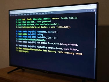 Medium close-up of a Smart TV screen displaying a software error code or frozen boot screen, diagnostic readout visible, clinical studio strobe lighting