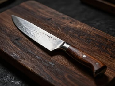 A premium hand-forged chef knife resting on a dark rustic wooden board, side-lit highlighting the hammered steel texture and stabilized wood handle, moody shadows.