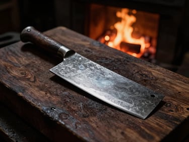 A heavy brutalist steel cleaver embedded in a dark oak chopping block, low-key lighting, glowing embers from the forge in the background.