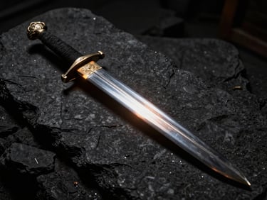 A custom-forged historical sword with an intricate guard, resting on dark charcoal stone, dramatic side-lighting showing the steel grain.