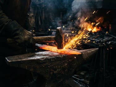 Close-up of a glowing orange steel blade on a dark anvil, sparks flying from a hammer strike in a smoky workshop, dramatic chiaroscuro lighting, 50mm lens.