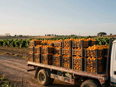 Crates of fresh oranges being loaded onto a truck in a rural Spanish setting, golden hour light, wide-angle, raw agricultural photography.
