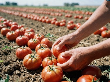 Close-up of hands harvesting ripe tomatoes in a sun-drenched field, soil visible, raw agricultural photography, 35mm film look.
