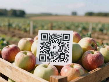 A close-up of a QR code on a wooden crate of apples, with a blurred agricultural background, bright natural sunlight