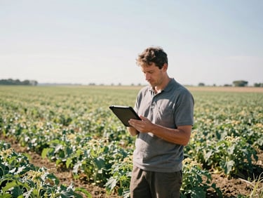 Farmer reviewing market data on a rugged tablet in a sun-drenched field, crops in soft focus in the background, bright natural sunlight, wide-angle.