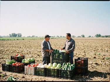 Wide-angle shot of a farmer and a buyer discussing terms over crates of fresh produce, sun-drenched field background, 35mm film look