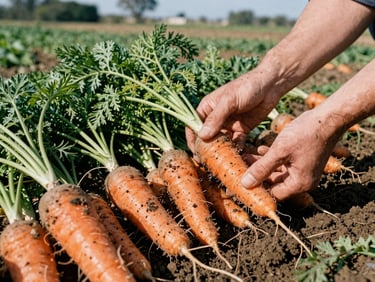 Close-up of hands inspecting freshly harvested, soil-dusted carrots in a field, bright natural sunlight, rich earth tones