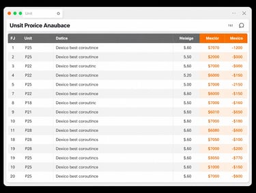Straight-on technical UI mockup of a construction cost database table, showing unit price analysis, columns with codes, descriptions, and prices in Mexican pesos, clean slate gray and safety orange highlights, high contrast, crisp typography.