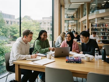 A medium environmental portrait of a diverse group of students collaborating in a modern UK university library, natural soft overcast British daylight, bright and airy interior, 35mm film look