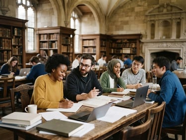 Medium environmental portrait of a diverse student group collaborating in a sunlit historic UK university library, natural soft overcast daylight, candid, 35mm film look.