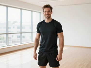 Bright athletic portrait of a friendly male fitness coach in a clean studio, natural daylight, sharp focus, 35mm lens