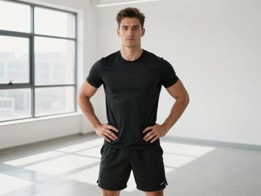 Bright athletic portrait of a confident male fitness coach in a clean studio, natural daylight, sharp focus, 35mm lens