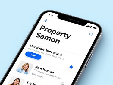 Macro shot of a premium mobile device displaying a clean property marketplace interface, soft studio lighting