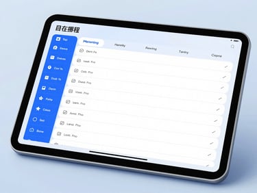 Clean close-up of a digital scheduling dashboard on a tablet, soft blue ambient fills, sharp focus