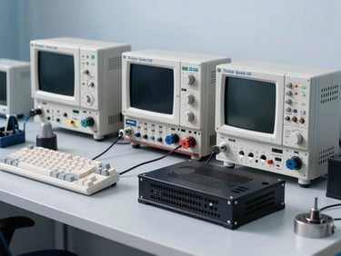 A neat, organized technical workbench in Dubai Sports City with high-end digital oscilloscopes, soldering stations, and a clean TV chassis under bright cool light.