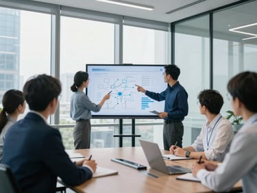 Modern corporate meeting room with a glass wall, professionals analyzing planning charts on a screen, bright natural daylight, administration blue tones, sharp focus.
