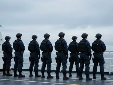 Tactical security personnel in clean, dark blue gear on the deck of a commercial vessel, looking out to the horizon, overcast daylight, cool tones, medium shot, 35mm cinematic maritime photography.